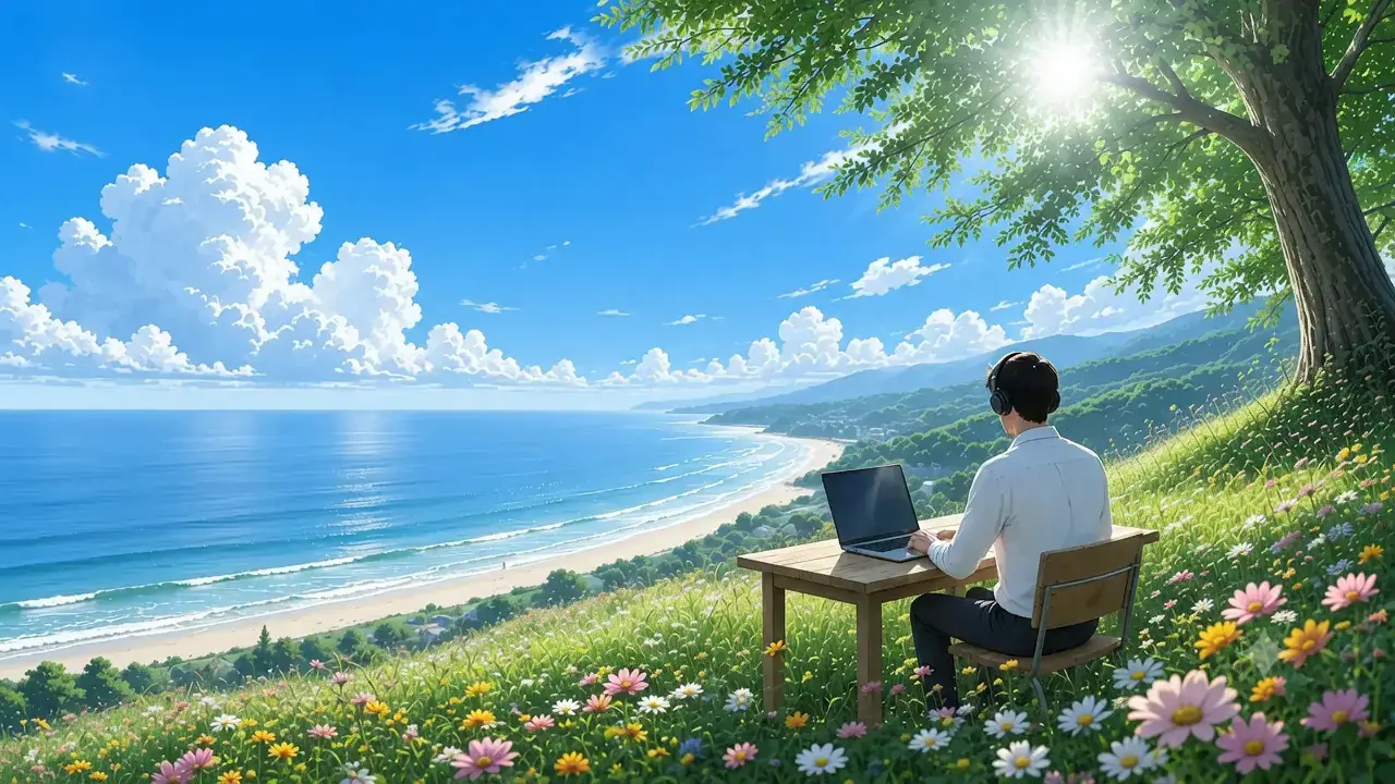 Digital illustration of a remote developer working on a laptop at a desk on a flower-covered hillside overlooking the sea