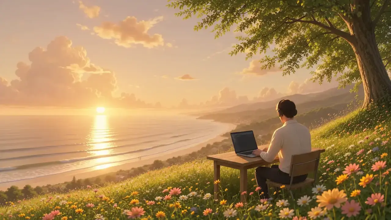 Digital illustration of a remote developer working on a laptop at a desk on a flower-covered hillside overlooking the sea